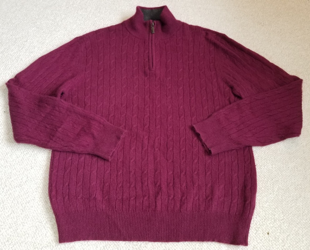 Mens Sweater-ALLEN SOLLY-maroon cable-knit 100% cashmere 1/4 zip pullover-XL